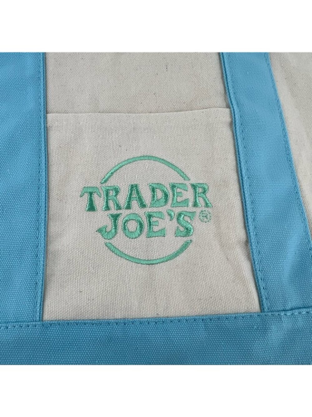 Trader Joes Mini Pastel Canvas Tote Bag Women Grocery Shopper Handbag Blue Beige - Picture 5 of 12